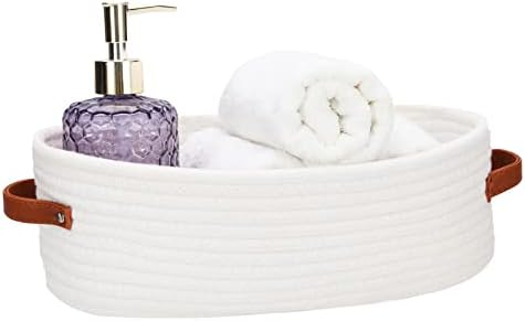 Bathroom Organizer Basket with Cotton Rope and Faux Leather Handles