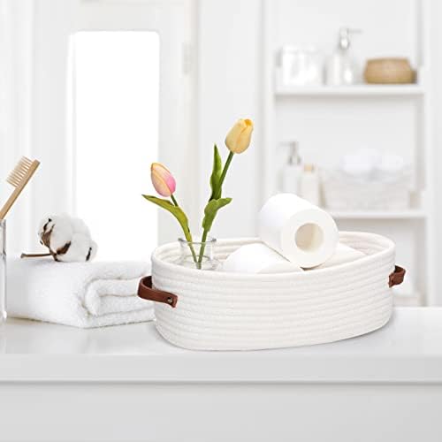 Bathroom Organizer Basket with Cotton Rope and Faux Leather Handles