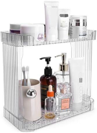 Stackable 2-Tier Bathroom Organizer with clear trays and open design
