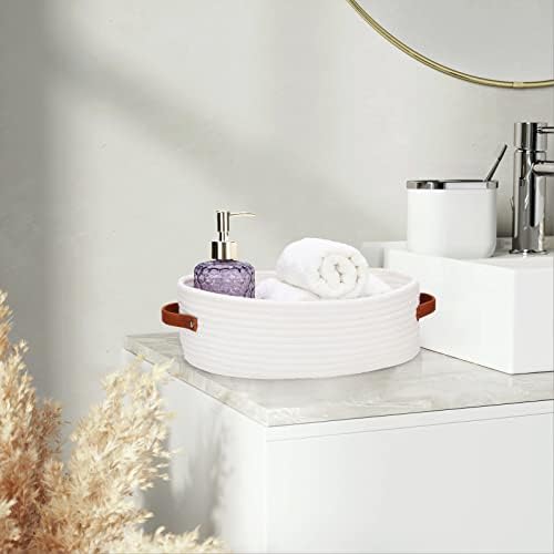 Bathroom Organizer Basket with Cotton Rope and Faux Leather Handles