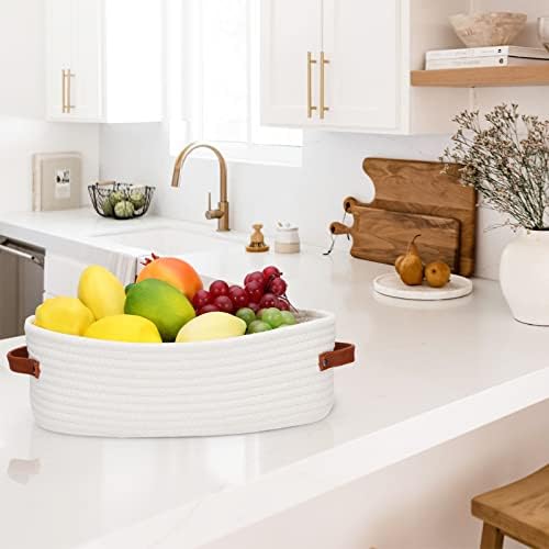 Bathroom Organizer Basket with Cotton Rope and Faux Leather Handles