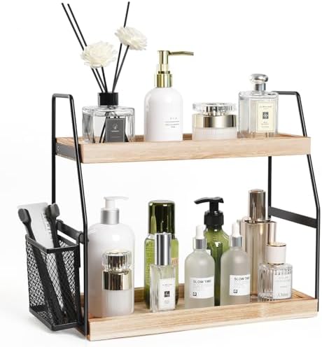 Nroech 2-Tier Bathroom Counter Organizer with Basket and Wood Tray