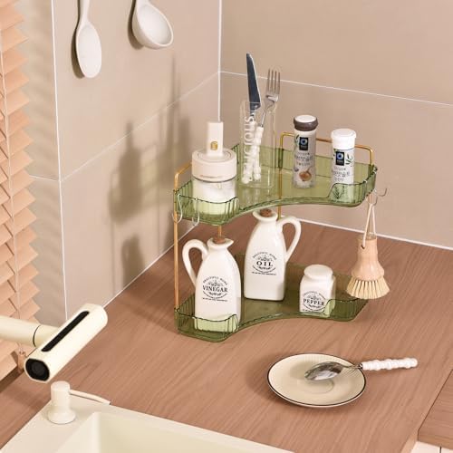 Plactical 2-Tier Plastic Bathroom Organizer with Green Gold Design