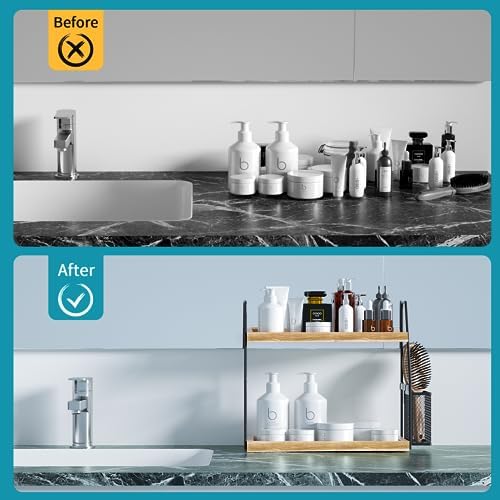 Nroech 2-Tier Bathroom Counter Organizer with Basket and Wood Tray