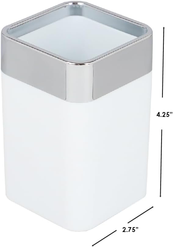 Stylish 10 oz Square Matte White with Chrome Trim Resistant Plastic Bathroom Cup