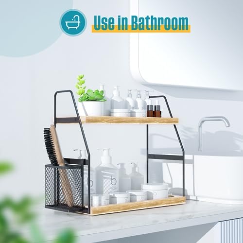 Nroech 2-Tier Bathroom Counter Organizer with Basket and Wood Tray