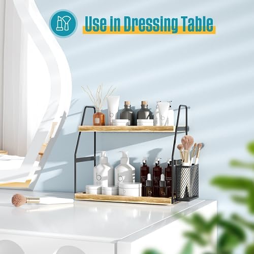 Nroech 2-Tier Bathroom Counter Organizer with Basket and Wood Tray