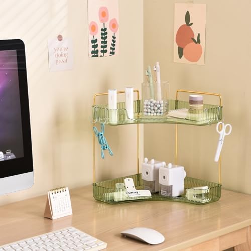 Plactical 2-Tier Plastic Bathroom Organizer with Green Gold Design
