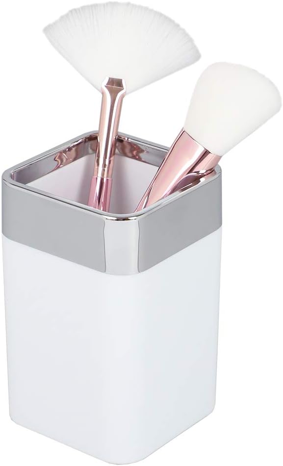 Stylish 10 oz Square Matte White with Chrome Trim Resistant Plastic Bathroom Cup