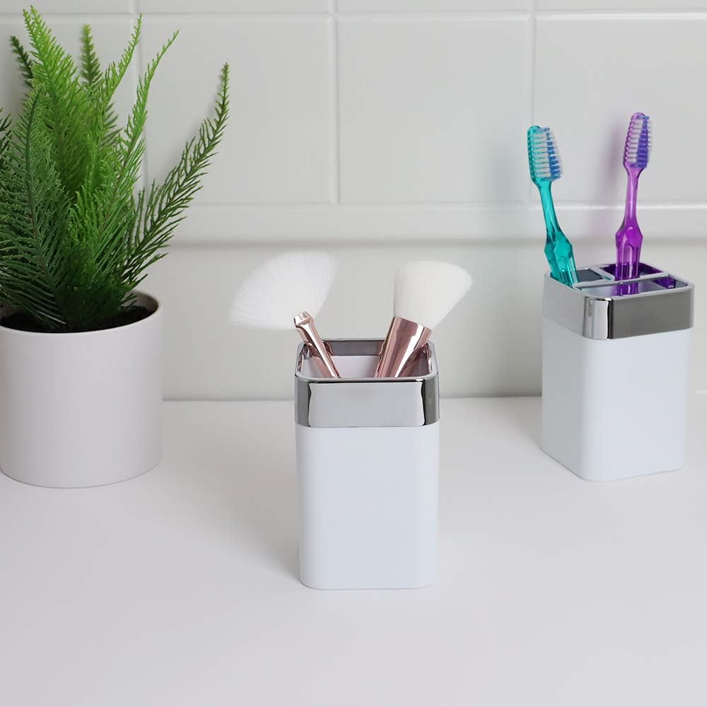 Stylish 10 oz Square Matte White with Chrome Trim Resistant Plastic Bathroom Cup
