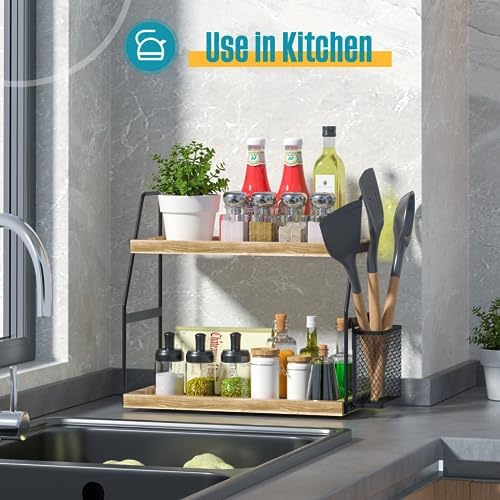 Nroech 2-Tier Bathroom Counter Organizer with Basket and Wood Tray