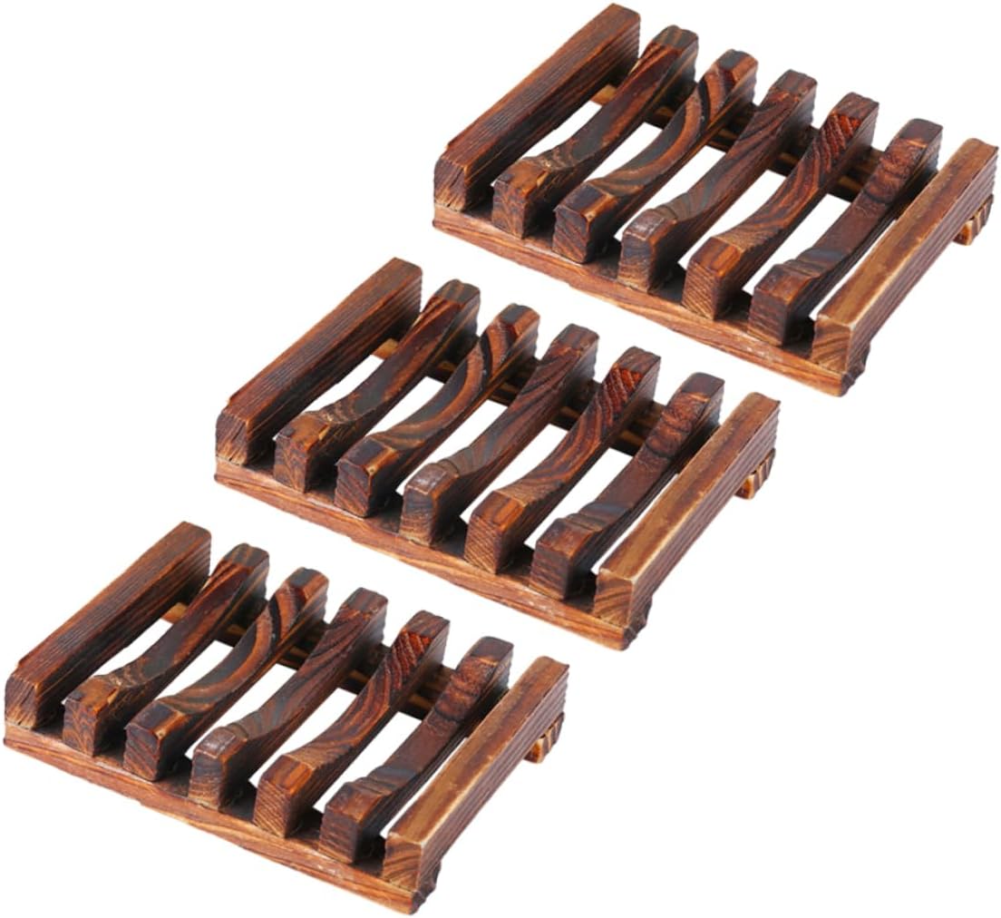 3pcs Wooden Soap Dish Natural Drain Soap Rack for Bath Kitchen