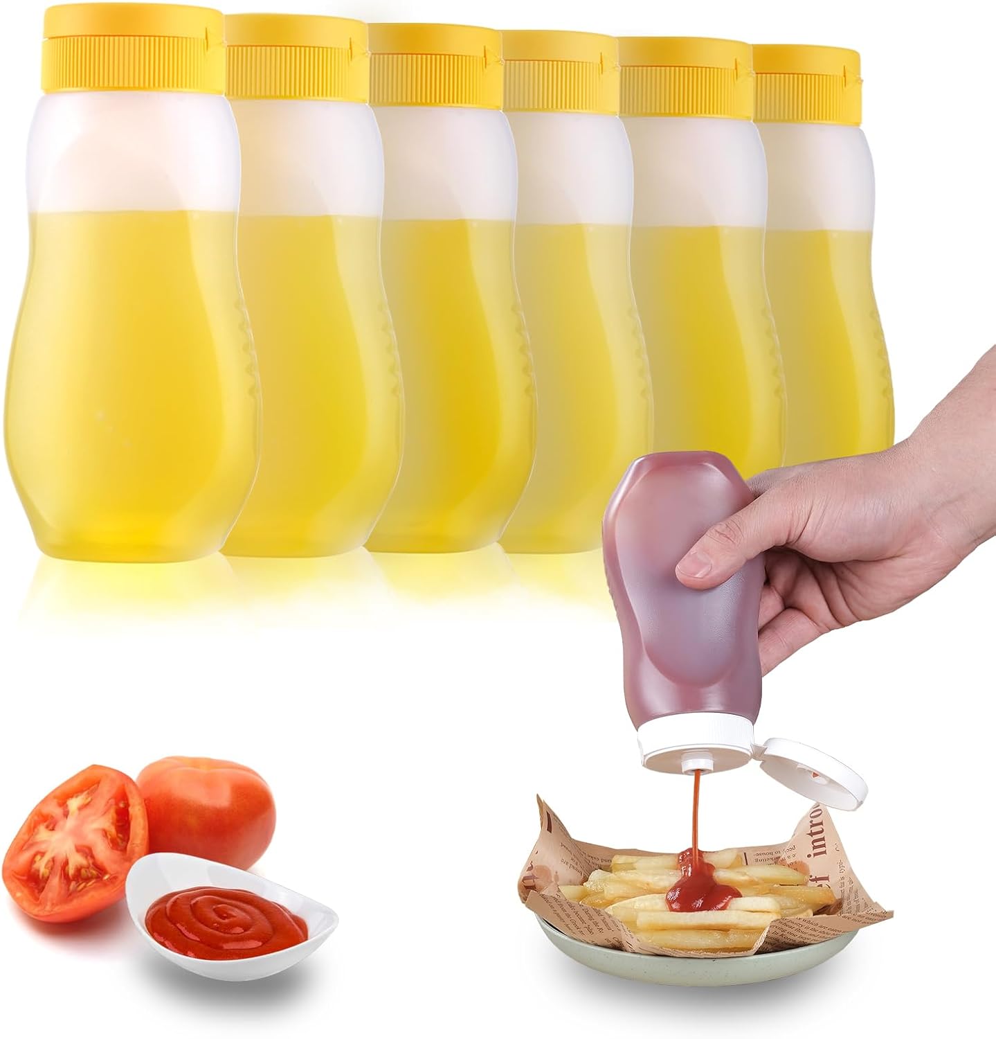 6 Pack Condiment Squeeze Bottles with Flip Top and Caps
