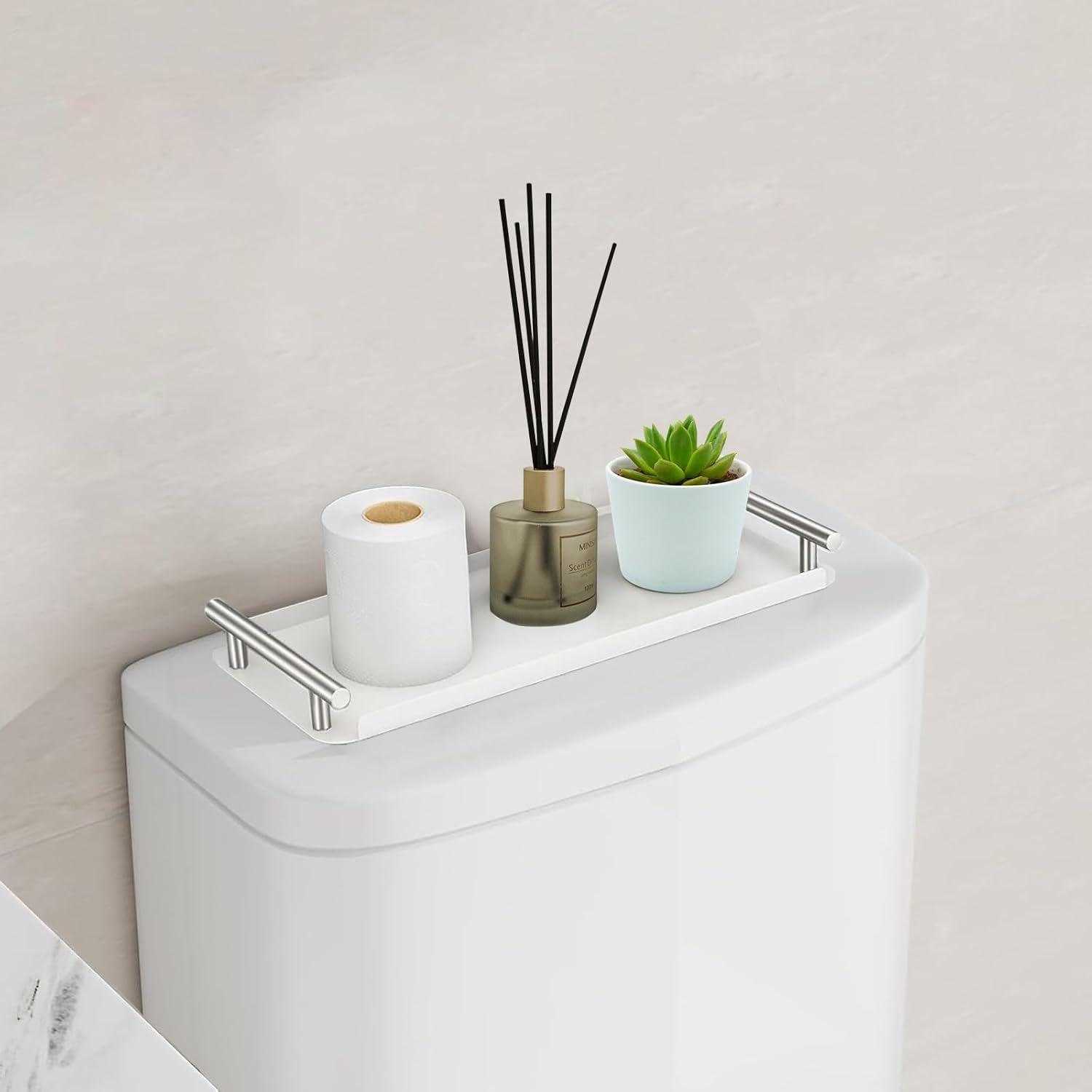 Stylish Handled Stainless Steel Toilet Tank Tray With Storage White Silver Option