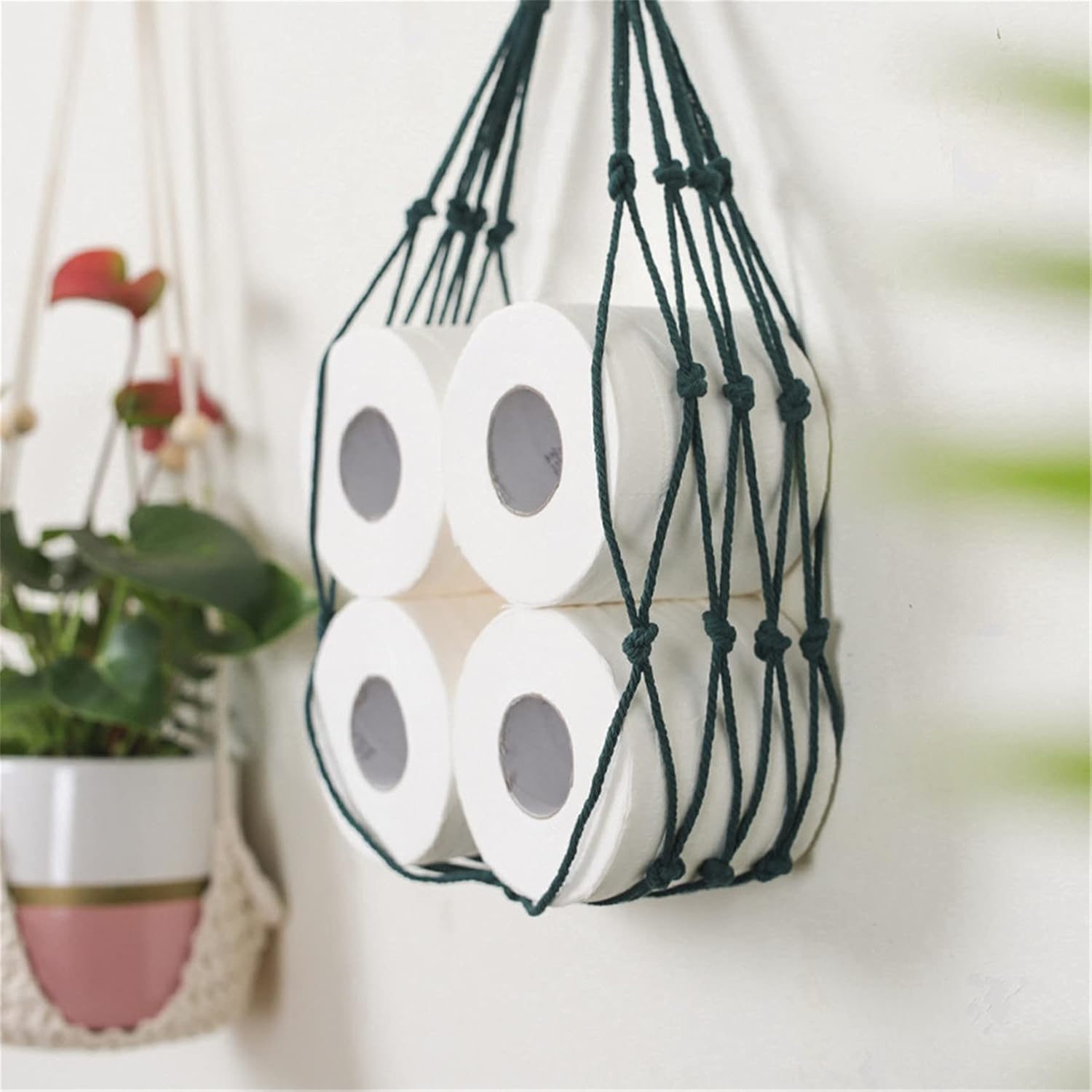 Hand Woven Cotton Rope Toilet Paper Holder Dark Green