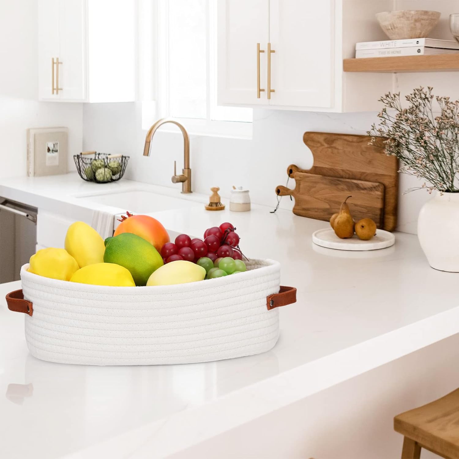Bathroom Organizer Basket with Cotton Rope and Faux Leather Handles