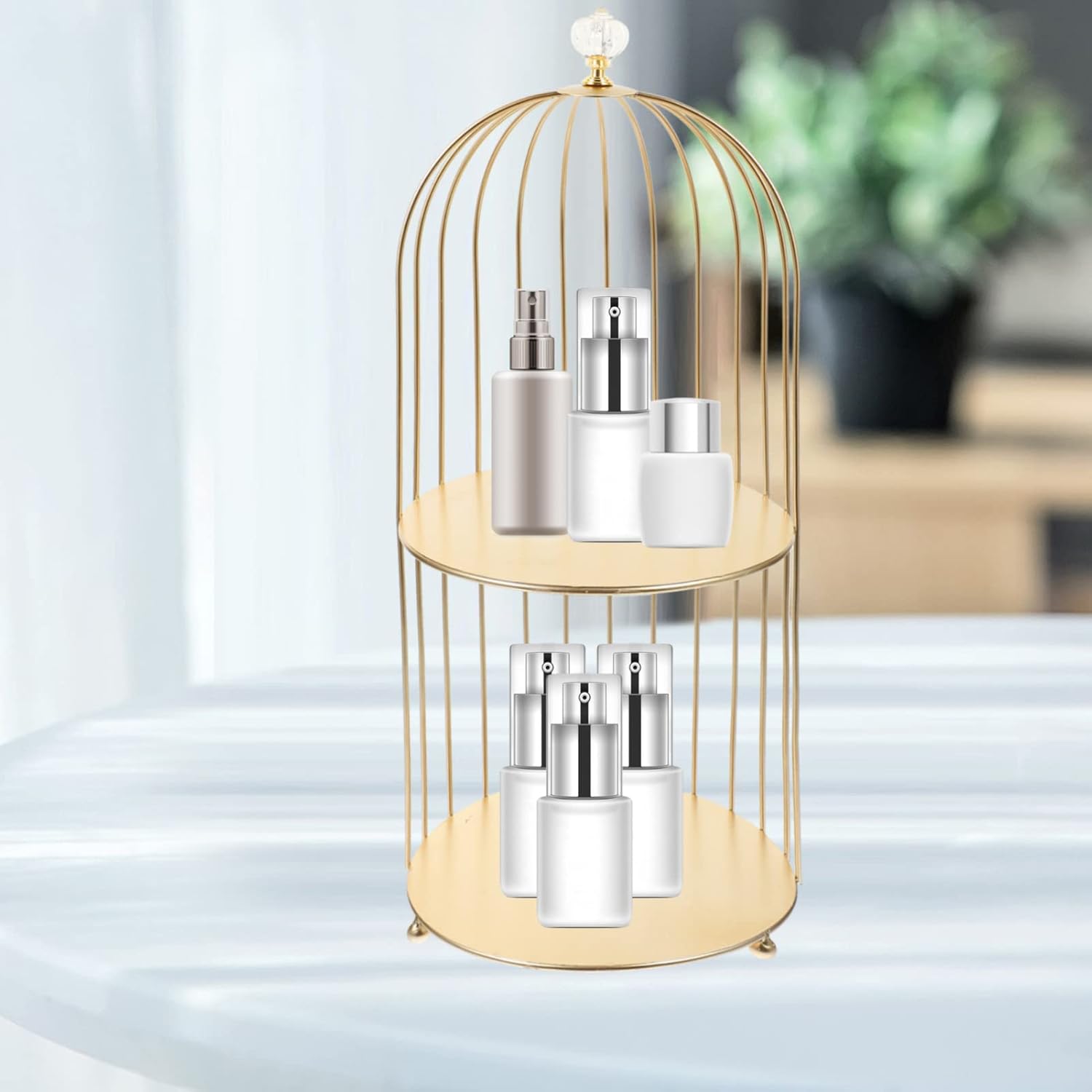 Hemoton 2-Tier Metal Bird Cage Cosmetic Organizer