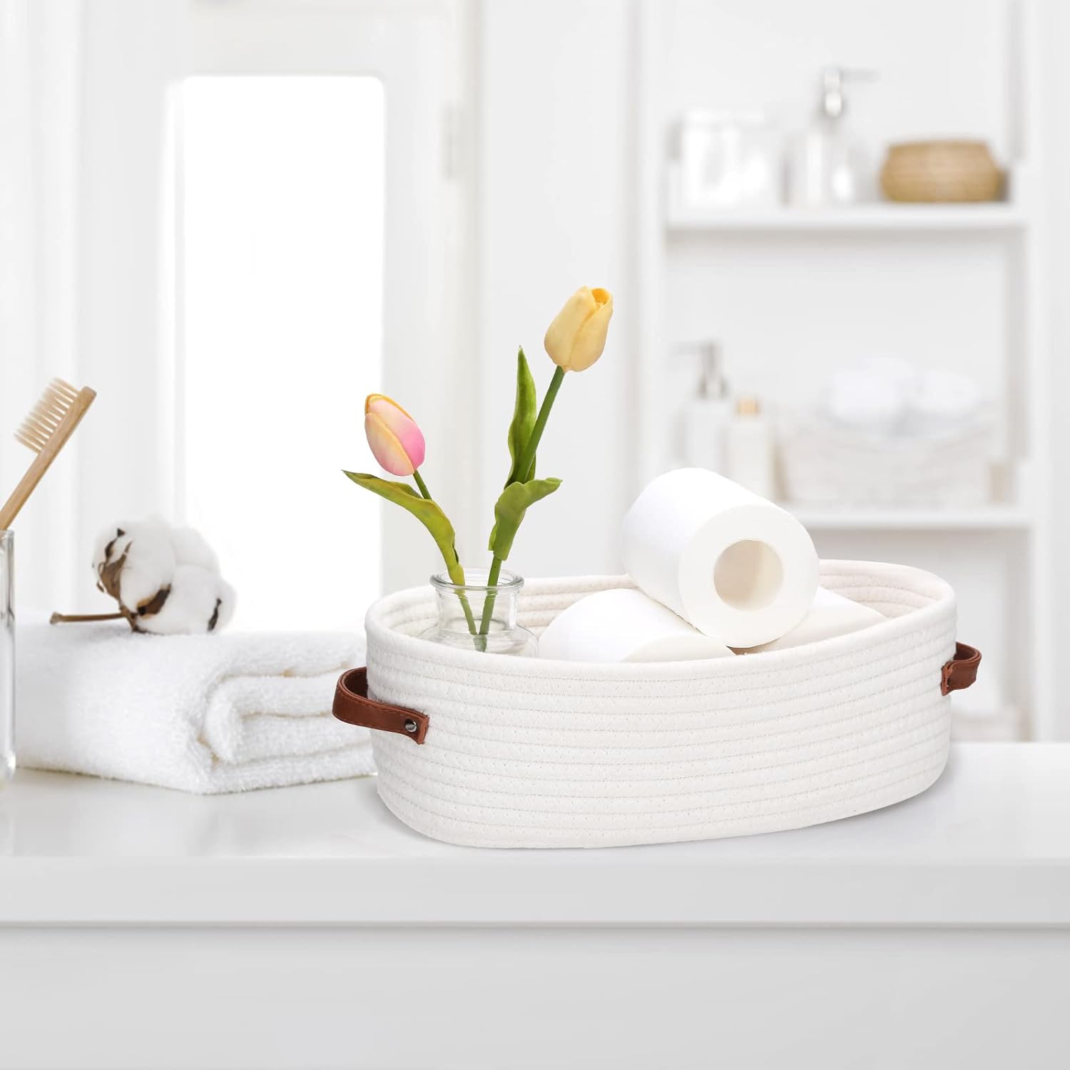 Bathroom Organizer Basket with Cotton Rope and Faux Leather Handles