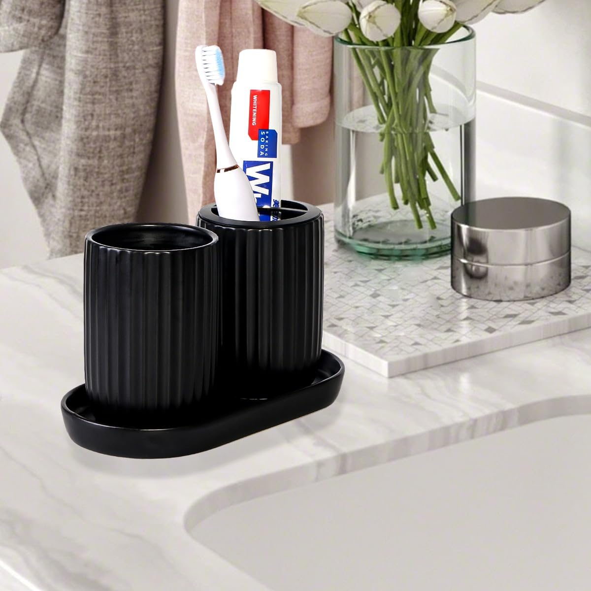 Matte Black Ceramic Toothbrush Holders Set for Bathrooms