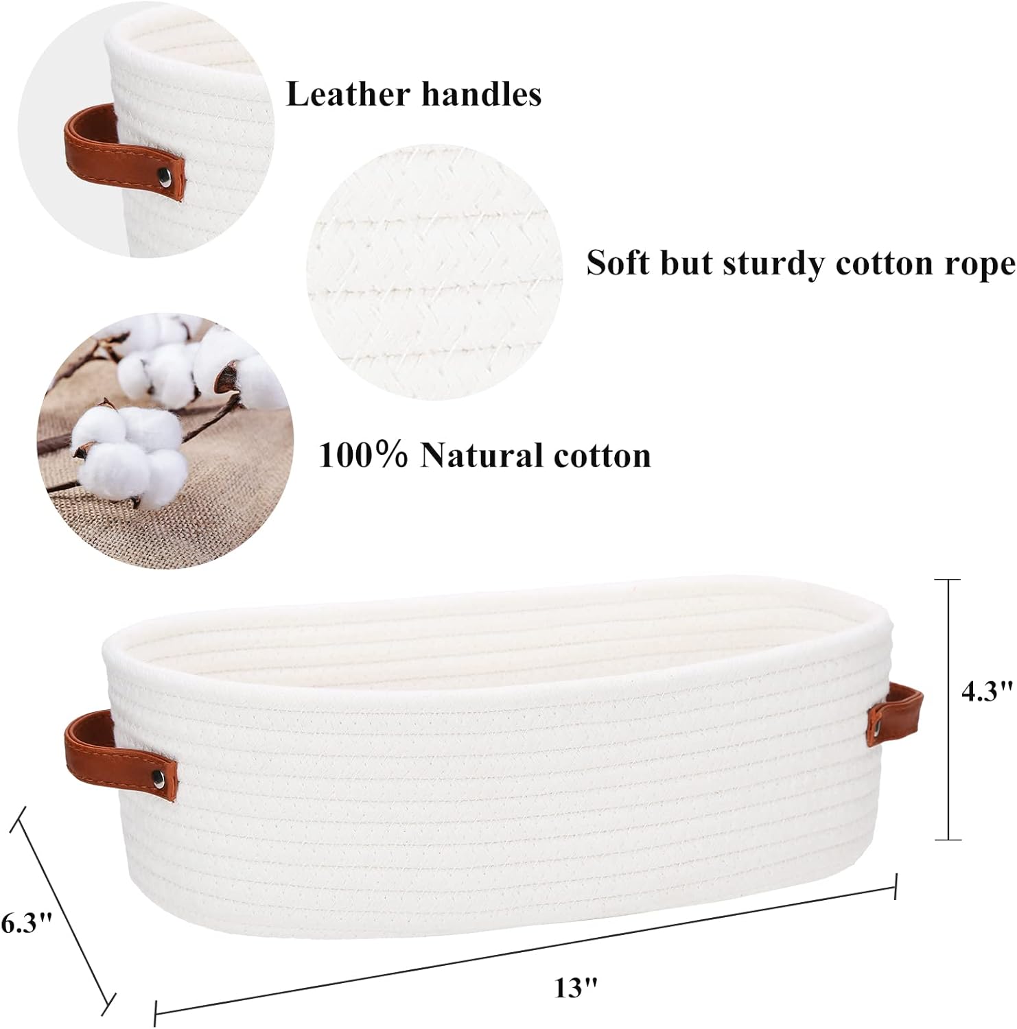 Bathroom Organizer Basket with Cotton Rope and Faux Leather Handles