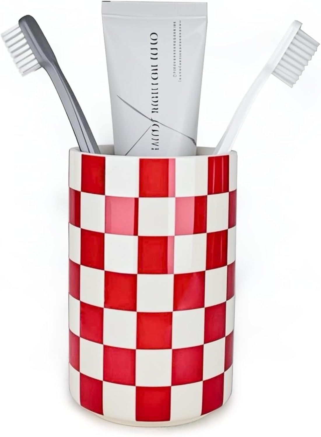 Red Checkered Ceramic Toothbrush Holder