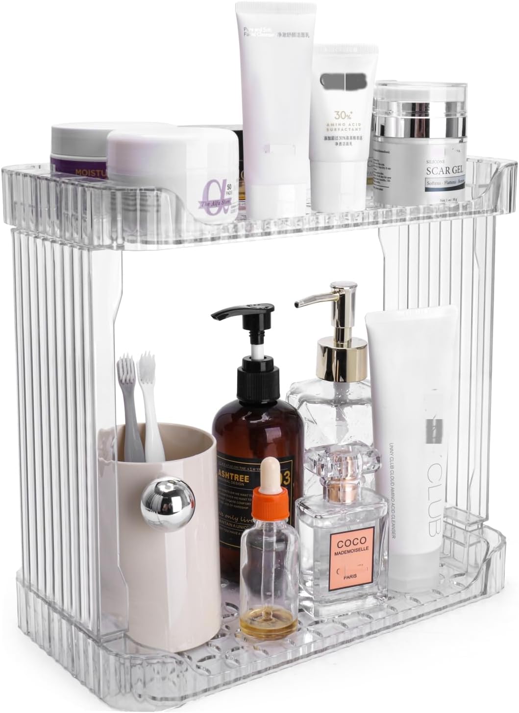 Stackable 2-Tier Bathroom Organizer with clear trays and open design