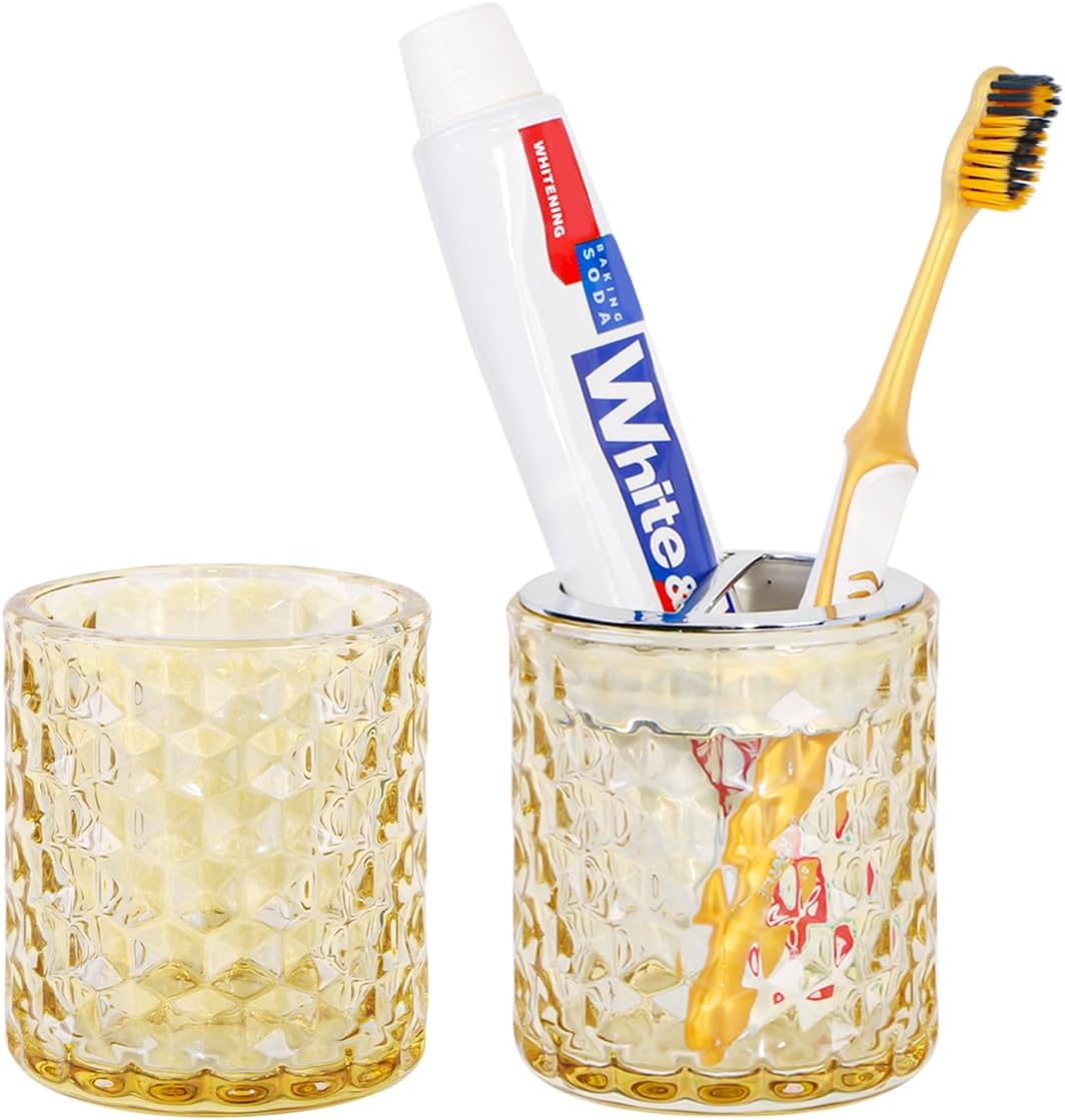 Thick Glass Toothbrush Holder with Silver Divider