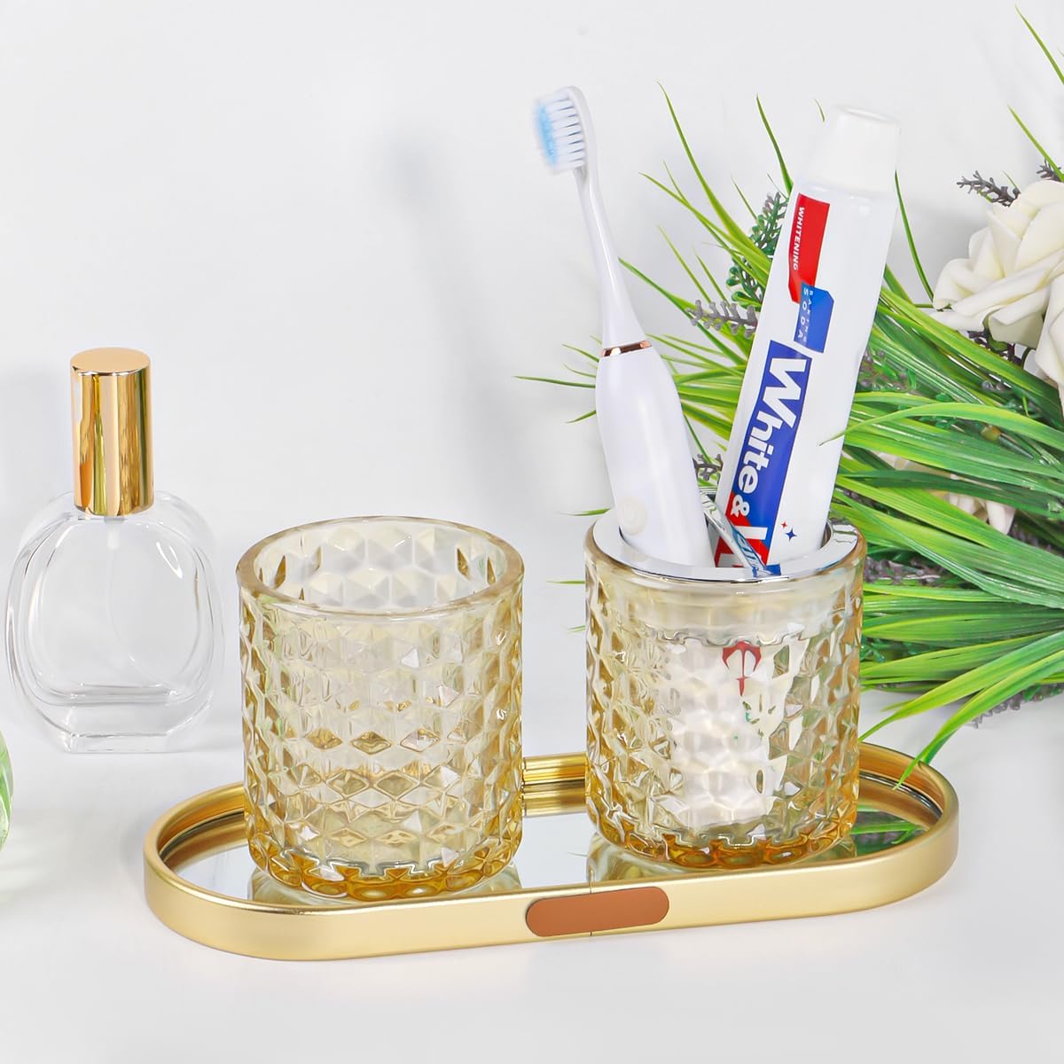 Thick Glass Toothbrush Holder with Silver Divider