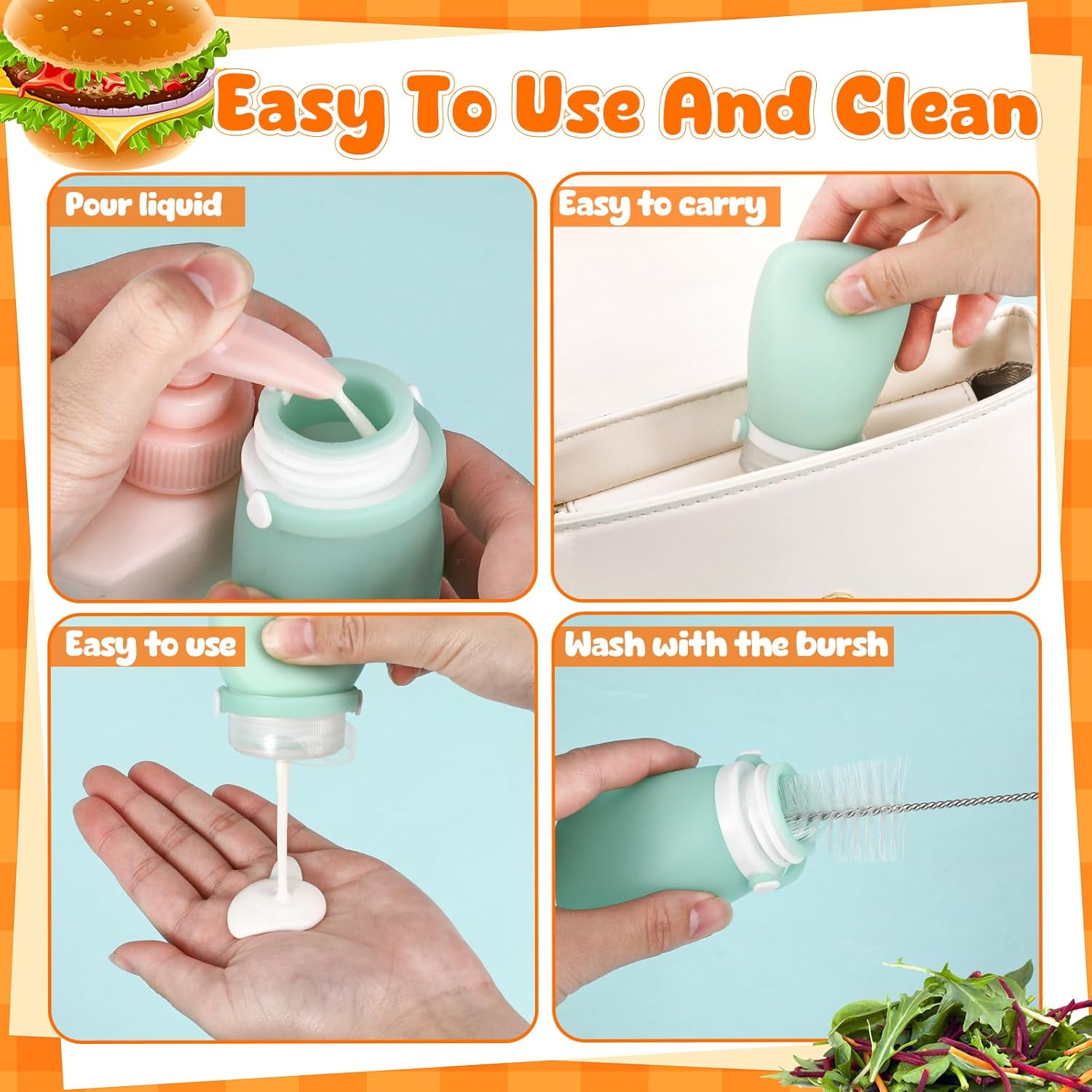 8 Pack Mini Silicone Salad Dressing Squeeze Bottles - Portable Leakproof Sauce Containers