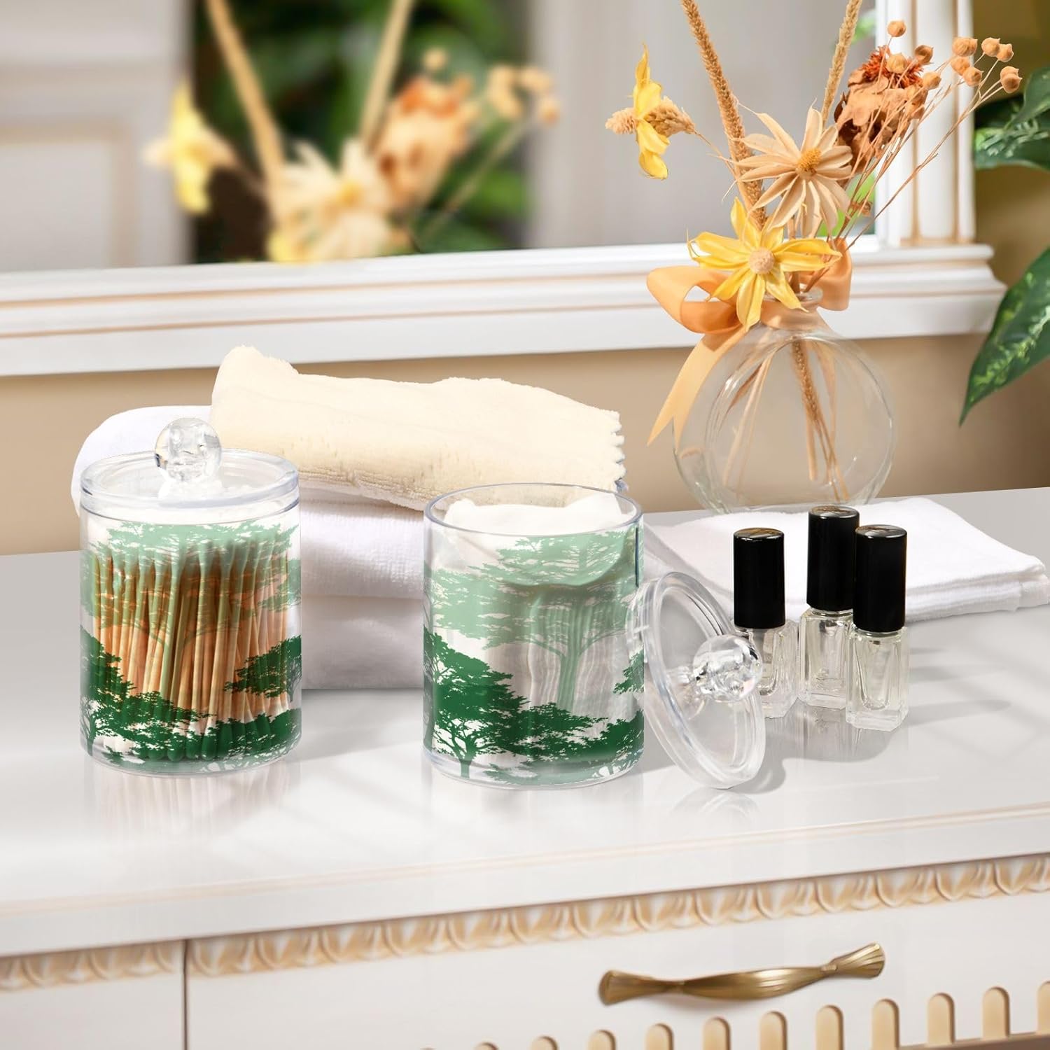 Qilmy 2-Pack Forest Silhouette Pattern Qtip Holder