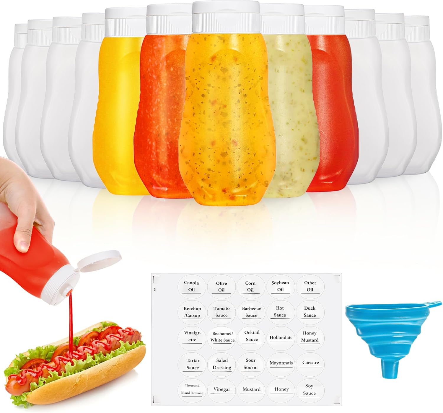 Sleek Expandable Condiment Squeeze Bottles with Flip TopLabels for Kitchen Use