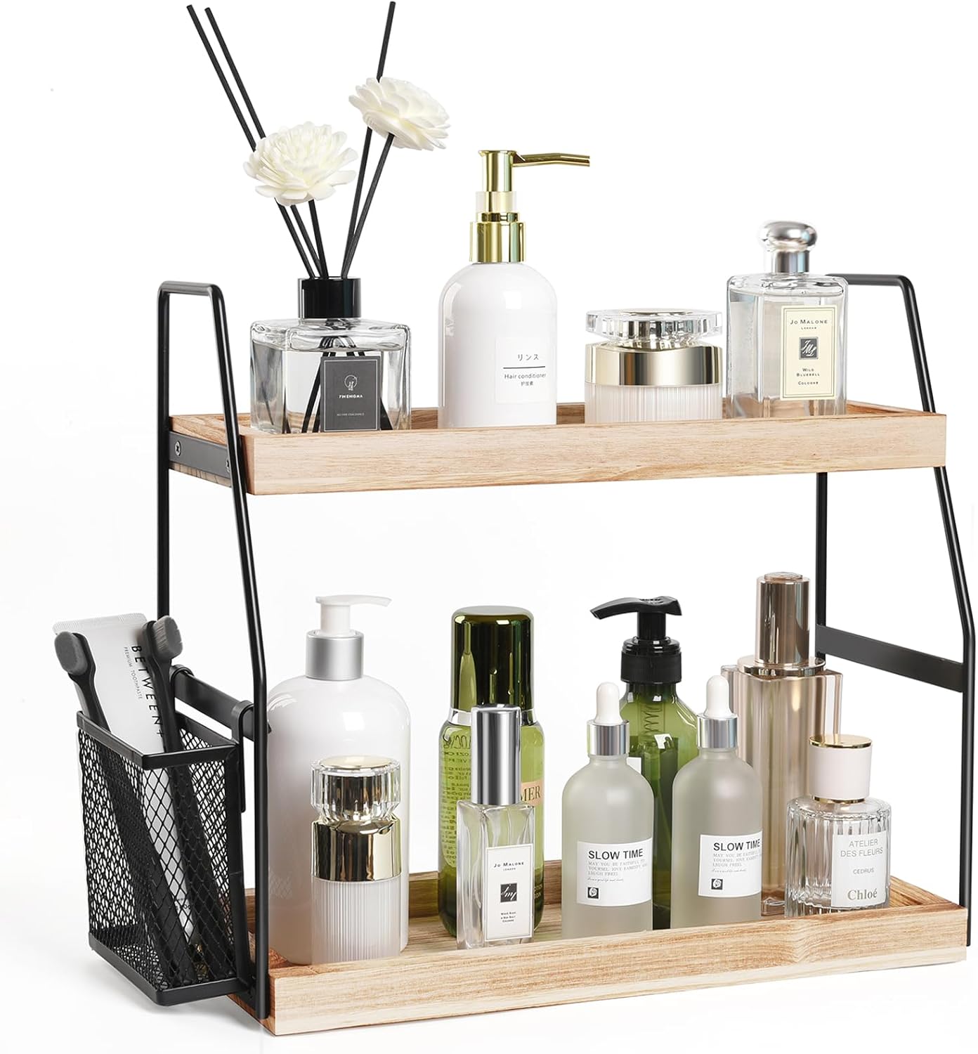 Nroech 2-Tier Bathroom Counter Organizer with Basket and Wood Tray
