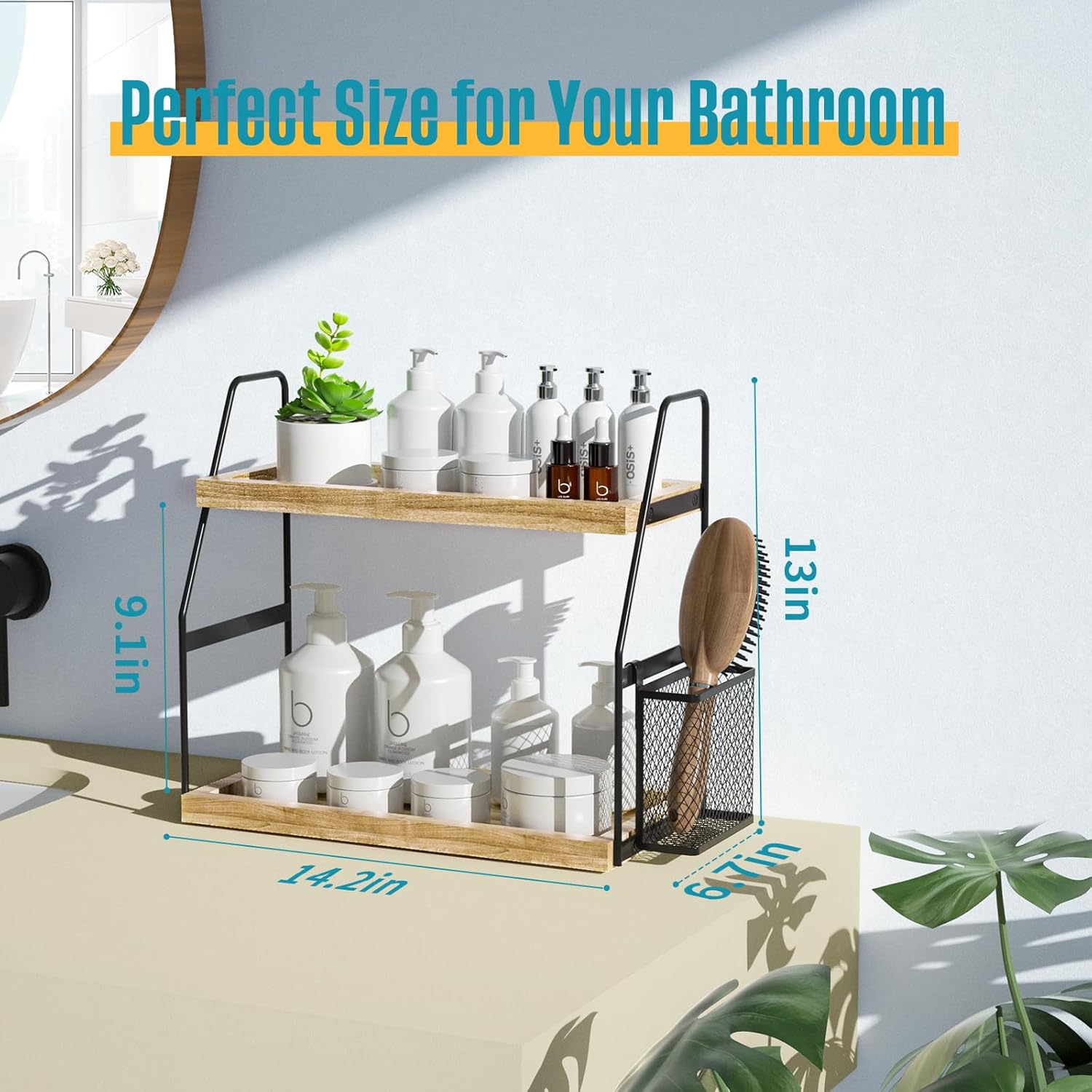 Nroech 2-Tier Bathroom Counter Organizer with Basket and Wood Tray
