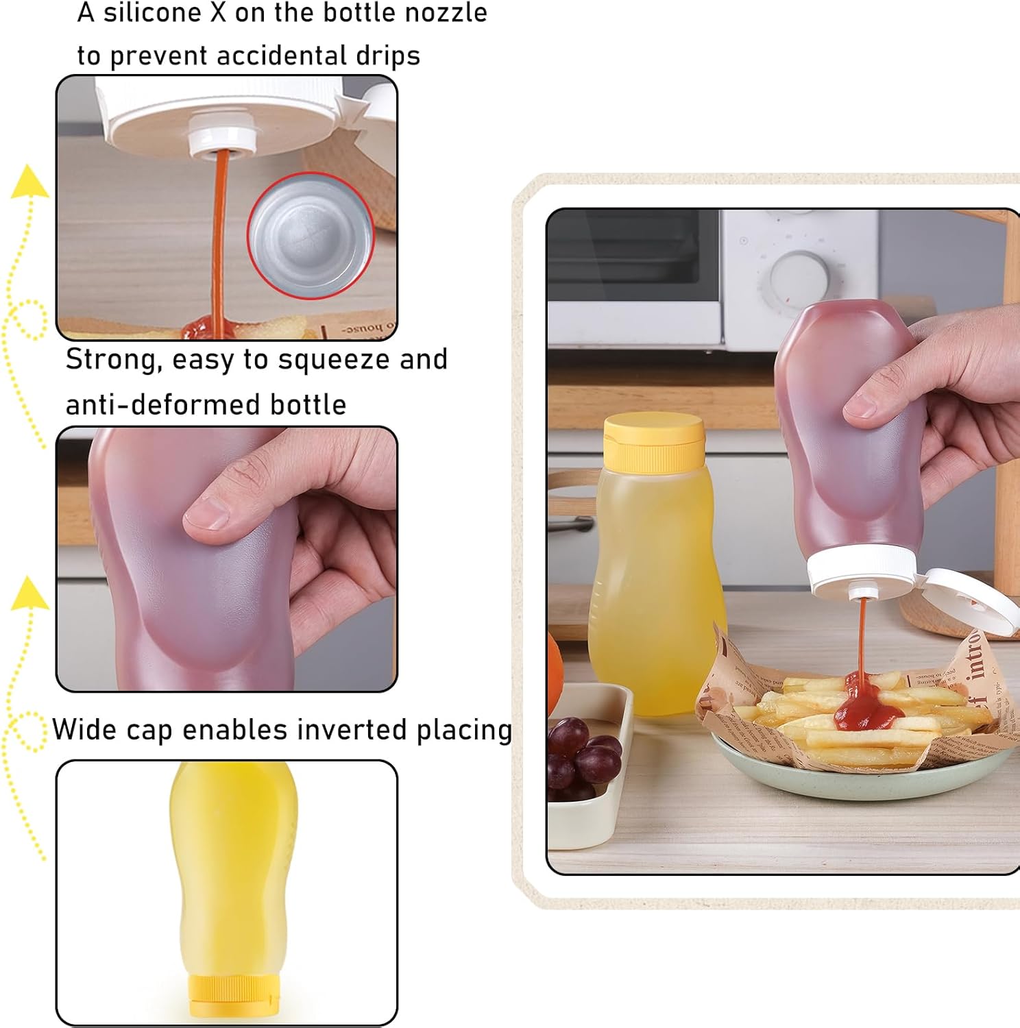 6 Pack Condiment Squeeze Bottles with Flip Top and Caps