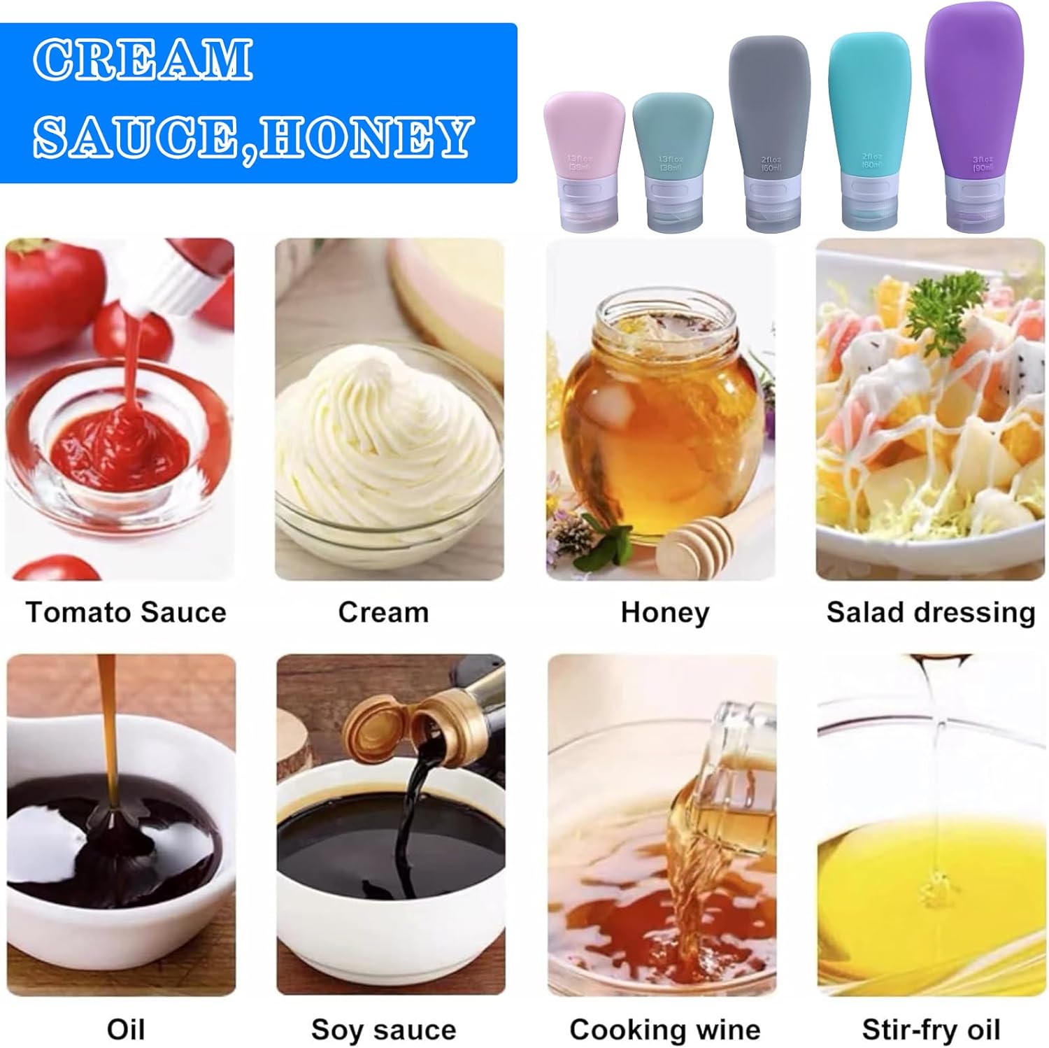 5-Pack Squeeze Salad Dressing Bottles Food Grade Silicone Leak-Proof Portable