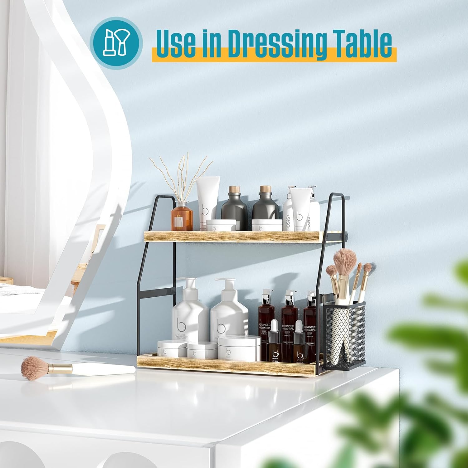 Nroech 2-Tier Bathroom Counter Organizer with Basket and Wood Tray