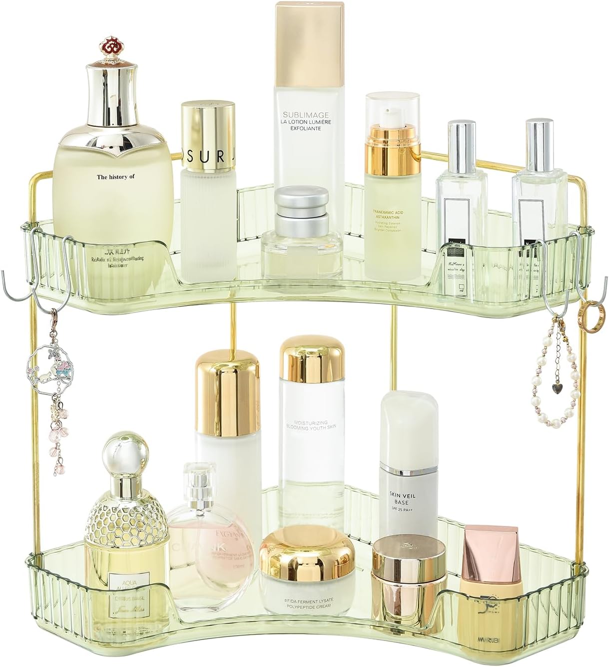 Plactical 2-Tier Plastic Bathroom Organizer with Green Gold Design
