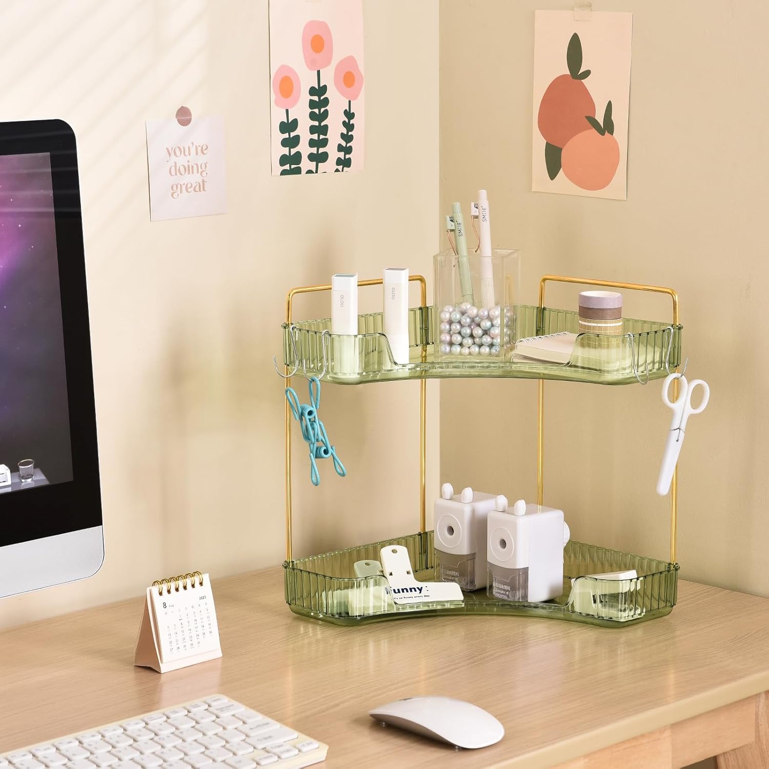 Plactical 2-Tier Plastic Bathroom Organizer with Green Gold Design