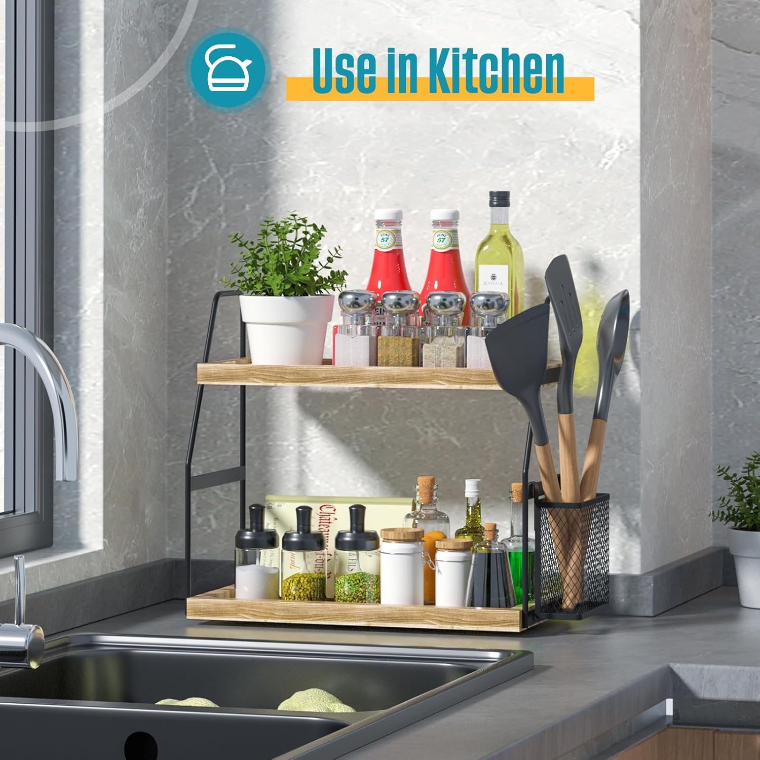 Nroech 2-Tier Bathroom Counter Organizer with Basket and Wood Tray