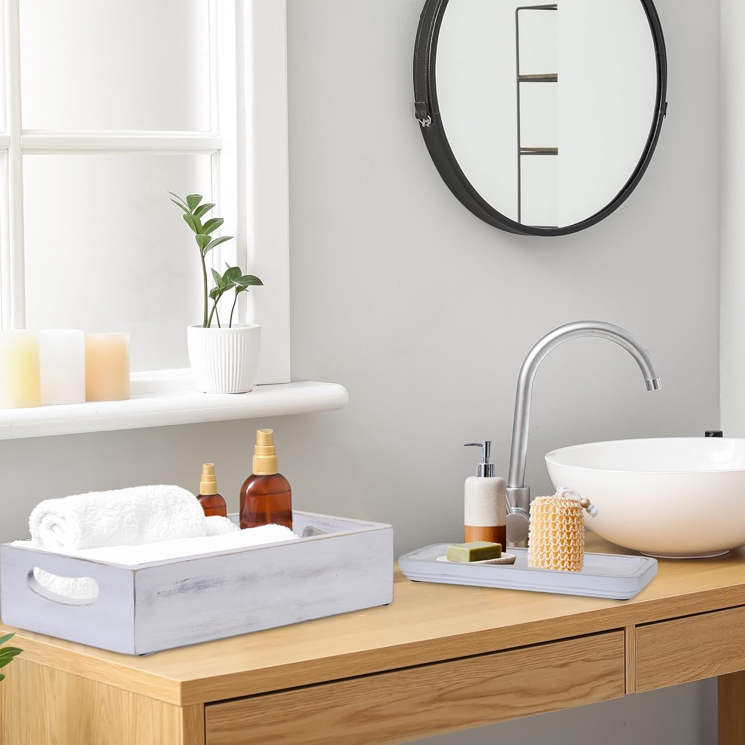 Demigo Bathroom Tray Set of 2 Acacia Wood Decor Organizer