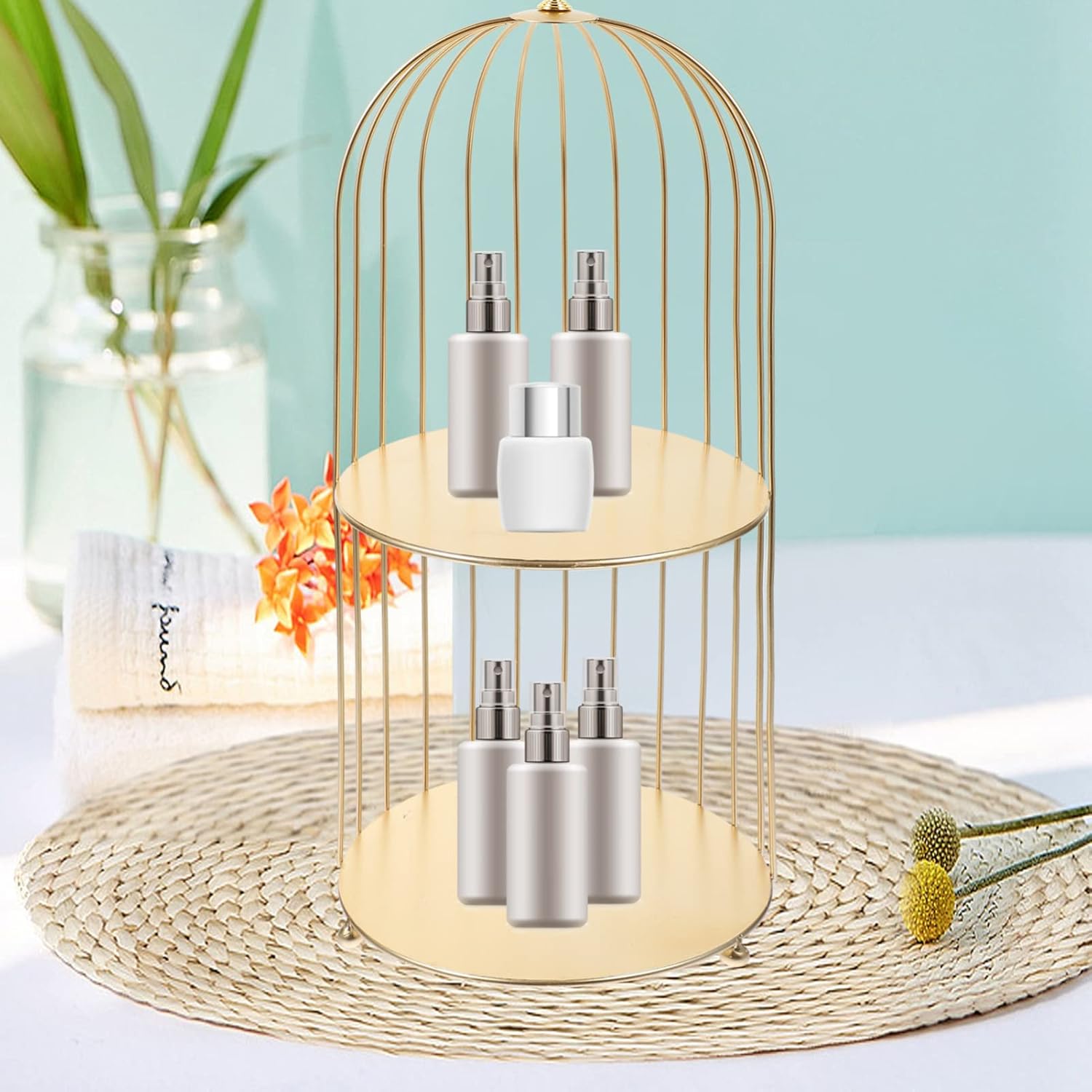 Hemoton 2-Tier Metal Bird Cage Cosmetic Organizer