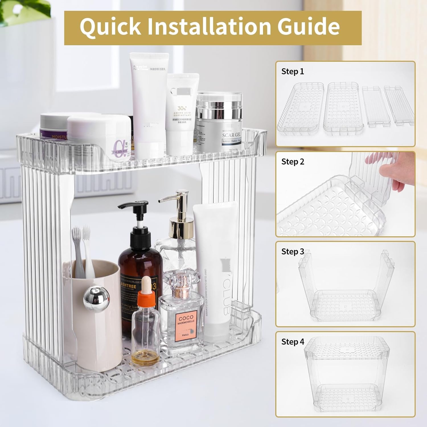 Stackable 2-Tier Bathroom Organizer with clear trays and open design