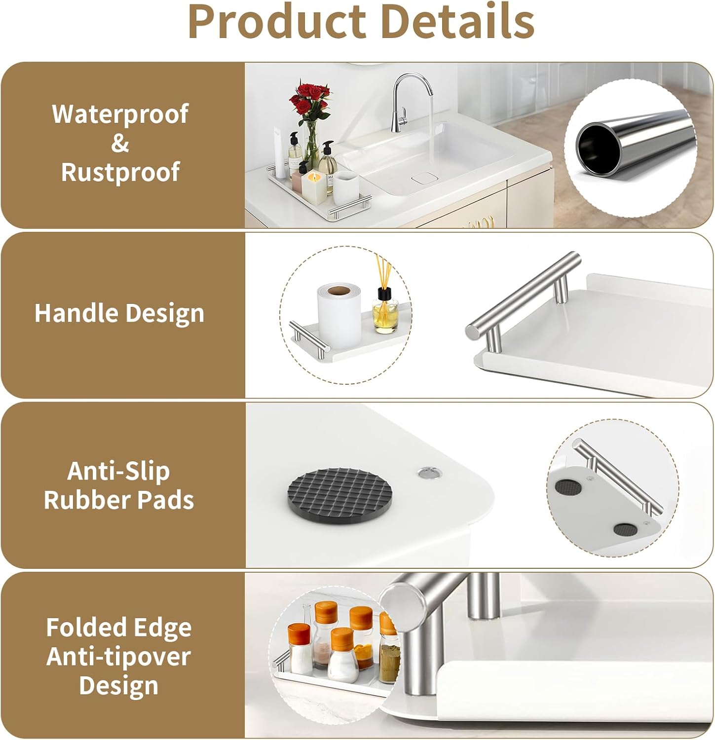 Stylish Handled Stainless Steel Toilet Tank Tray With Storage White Silver Option