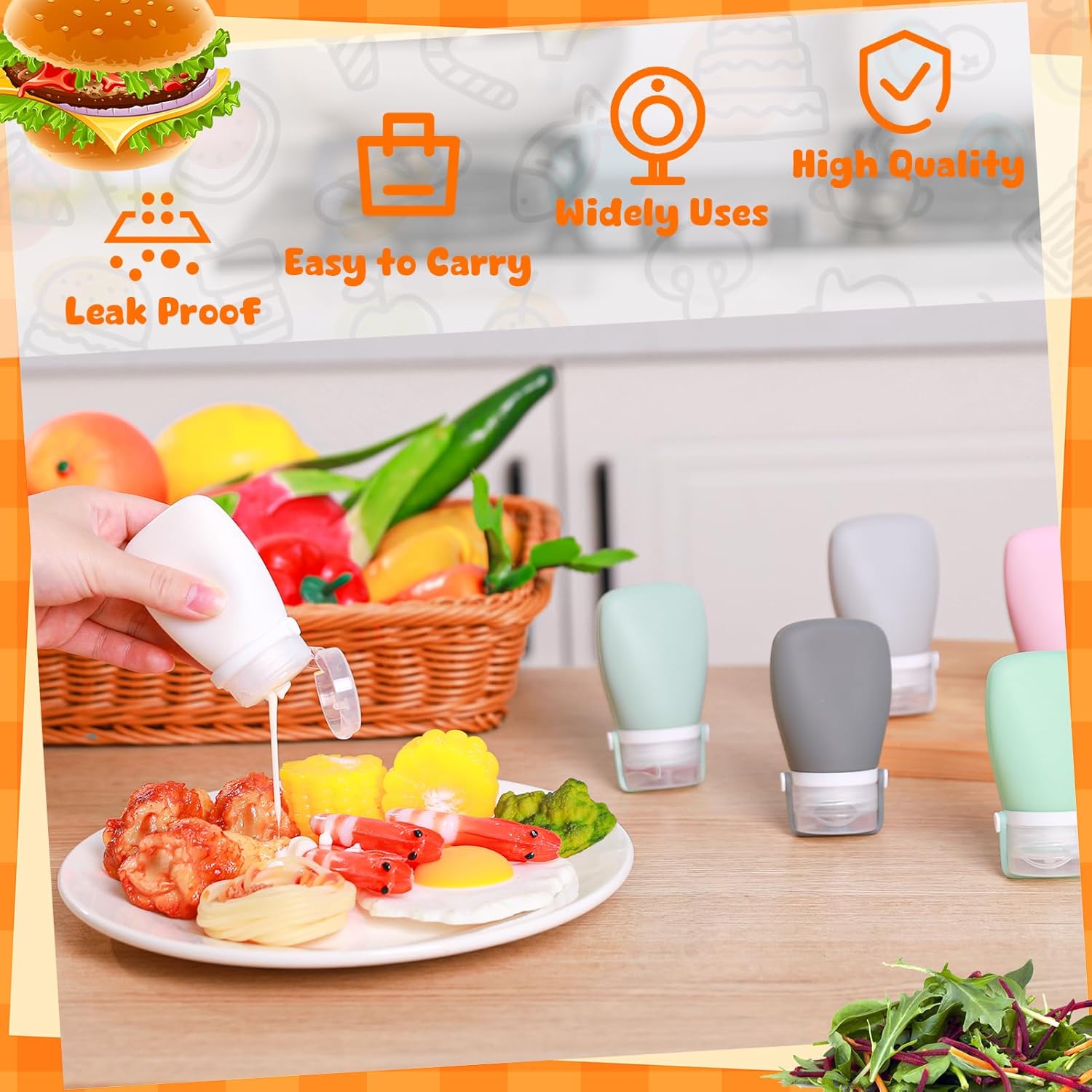 8 Pack Mini Silicone Salad Dressing Squeeze Bottles - Portable Leakproof Sauce Containers