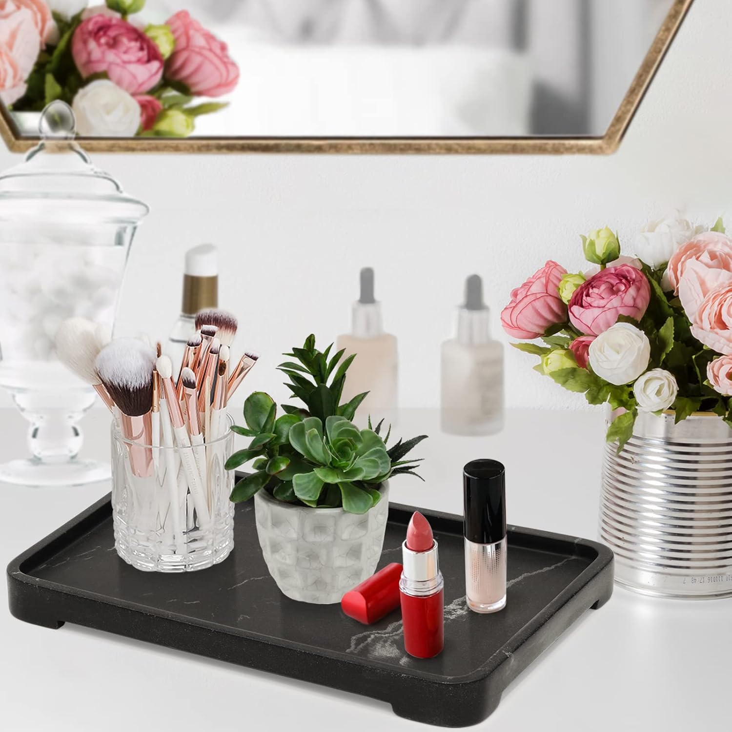 Premium Black Marble Bathroom Vanity Tray Organizer
