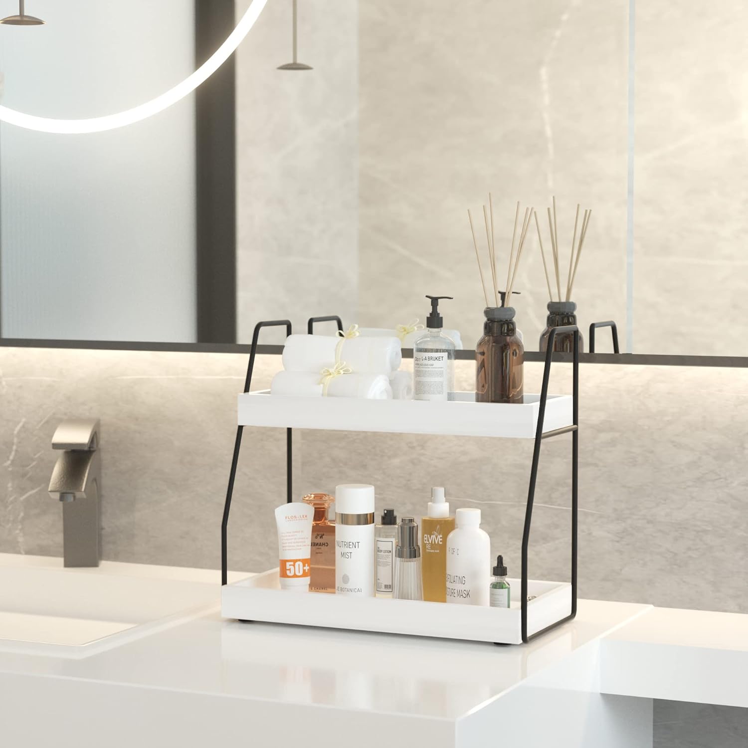 Double-Tier White Bathroom Organizer for Space-Saving Storage