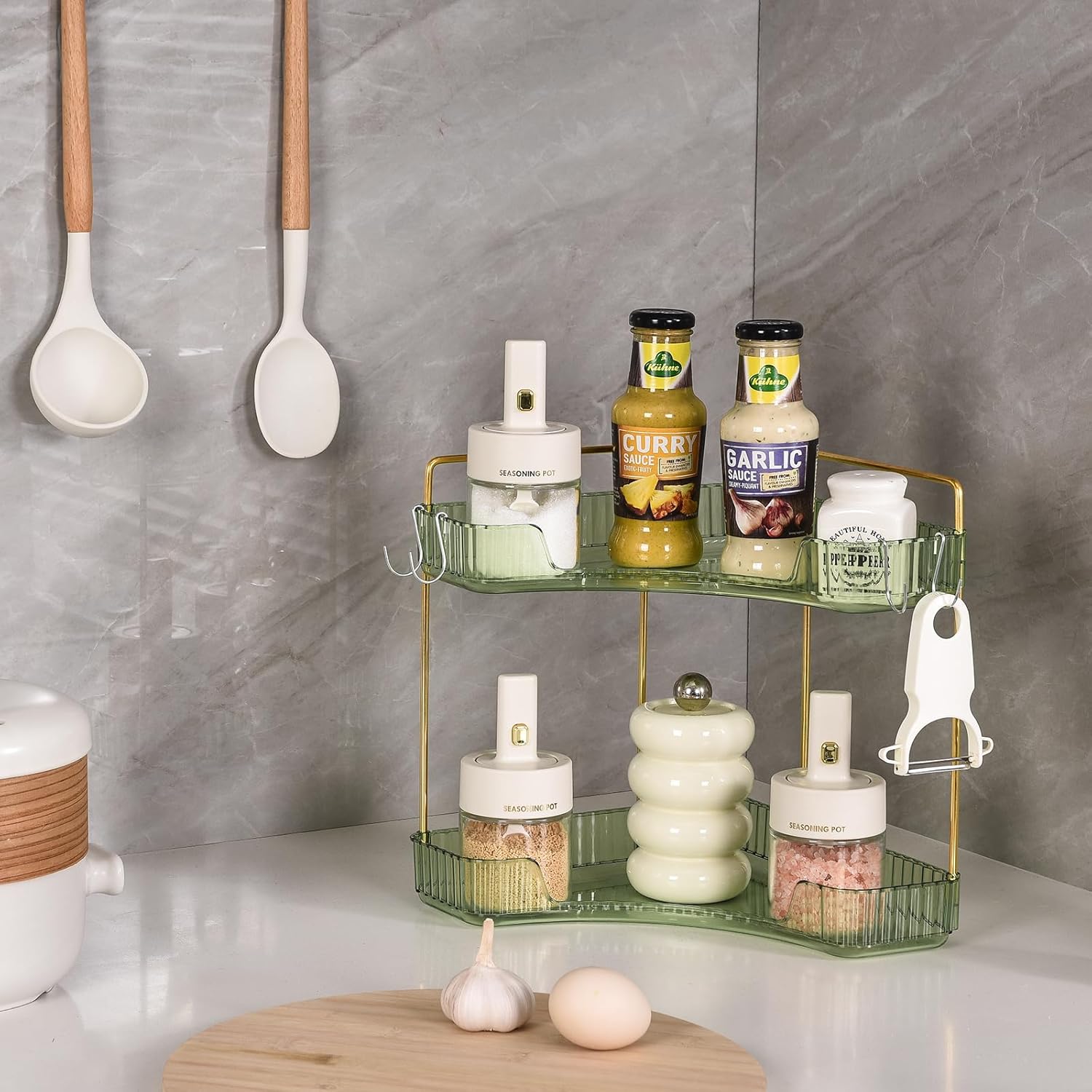Plactical 2-Tier Plastic Bathroom Organizer with Green Gold Design