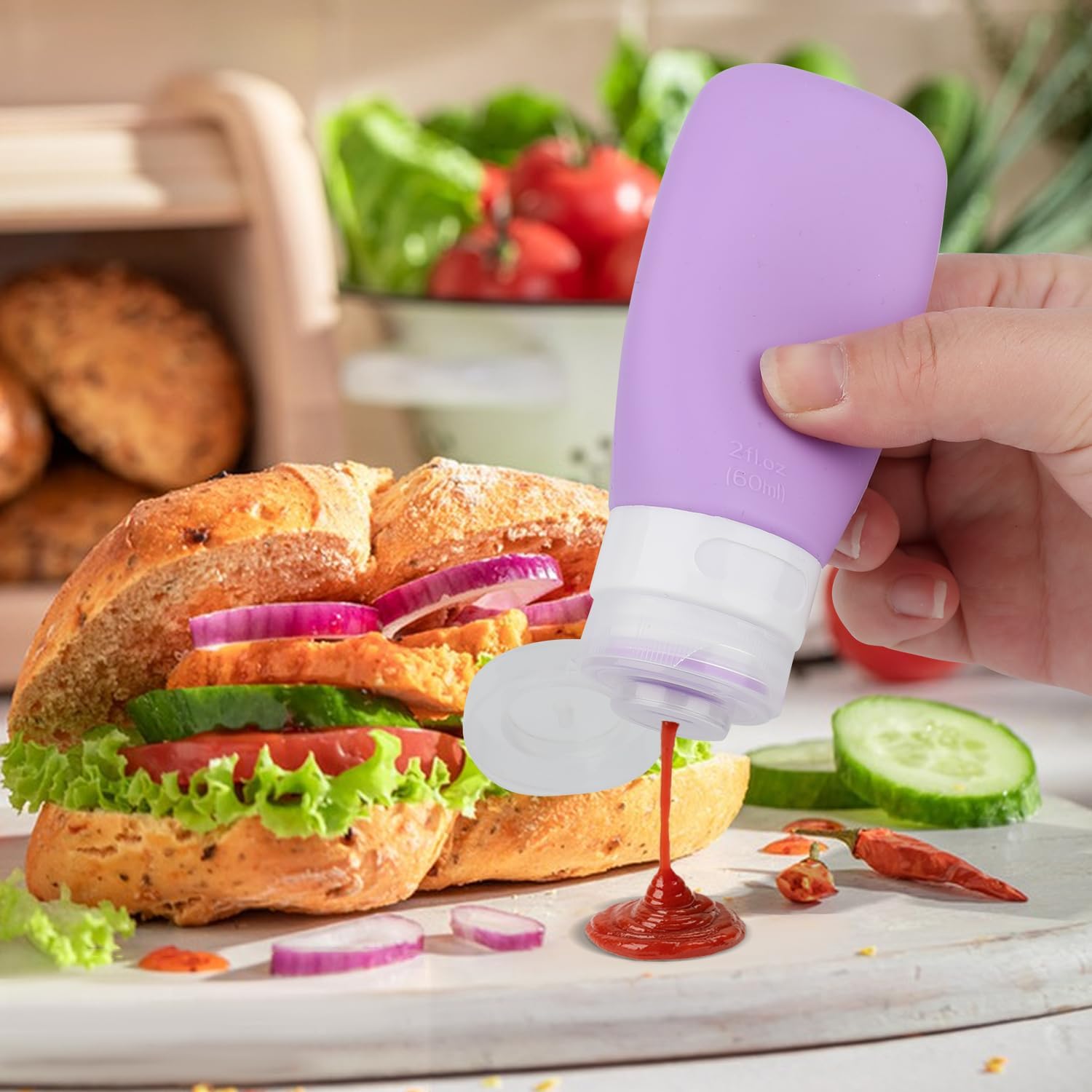4-Piece Set of Silicone Condiment Squeeze Bottles for Lunch Boxes
