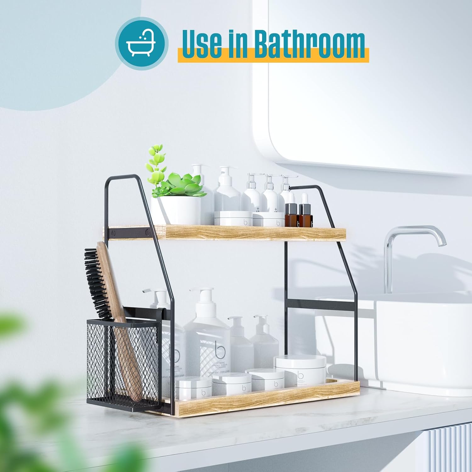 Nroech 2-Tier Bathroom Counter Organizer with Basket and Wood Tray