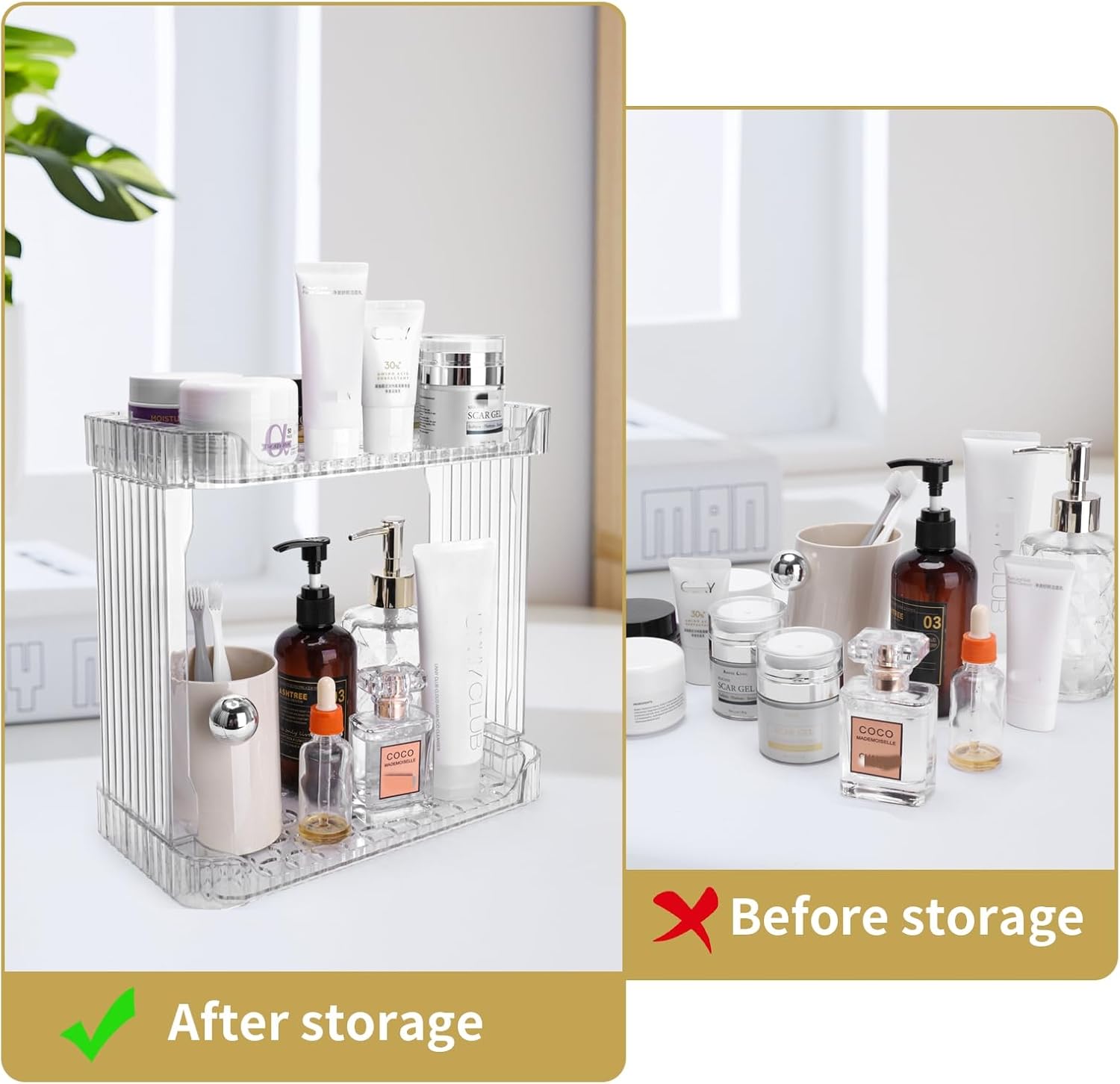 Stackable 2-Tier Bathroom Organizer with clear trays and open design
